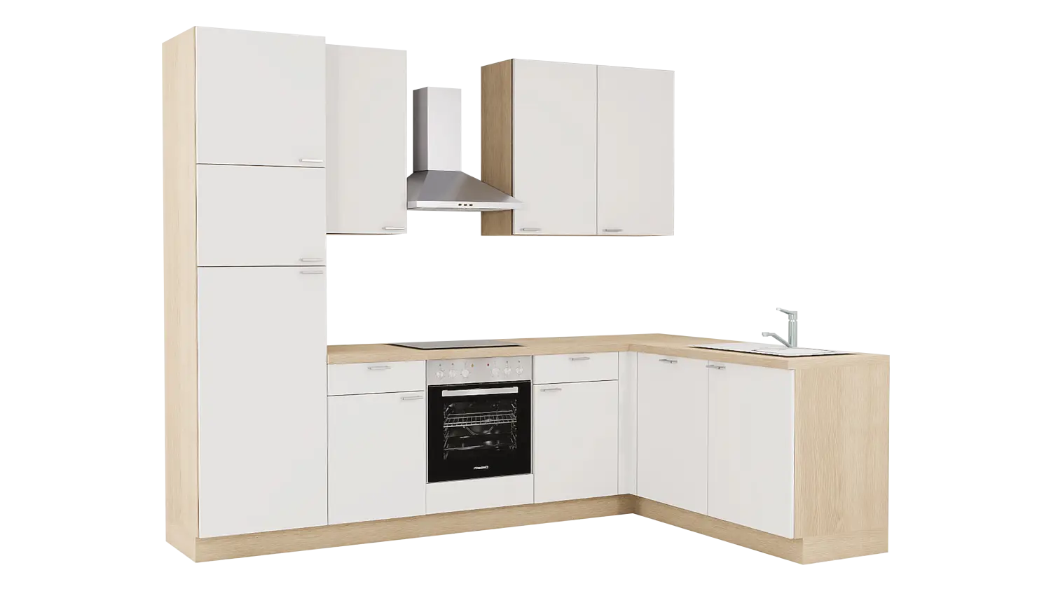 Express L-Küche mit Geräten in Weiß & Wildeiche: 185x285 cm, 470 cm, Spüle rechts | Winkelküche "EXK150-2-1-r"