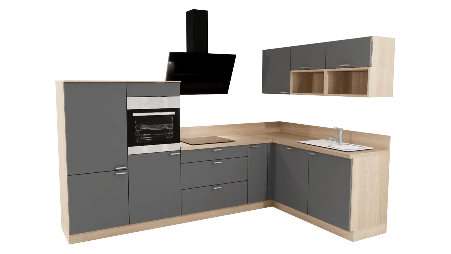 Express L-Küche mit Geräten in Anthrazit & Bergeiche: 305x185 cm, 490 cm, Spüle rechts | Winkelküche "EXK160-1-1-r"
