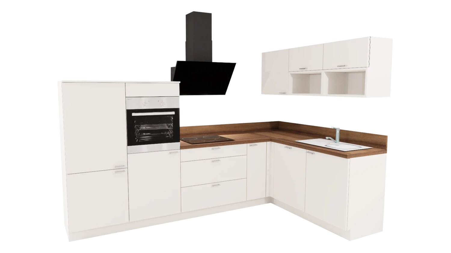 Express L-Küche mit Geräten in Magnolia & Nussbaum: 305x185 cm, 490 cm, Spüle rechts | Winkelküche "EXK160-2-1-r"