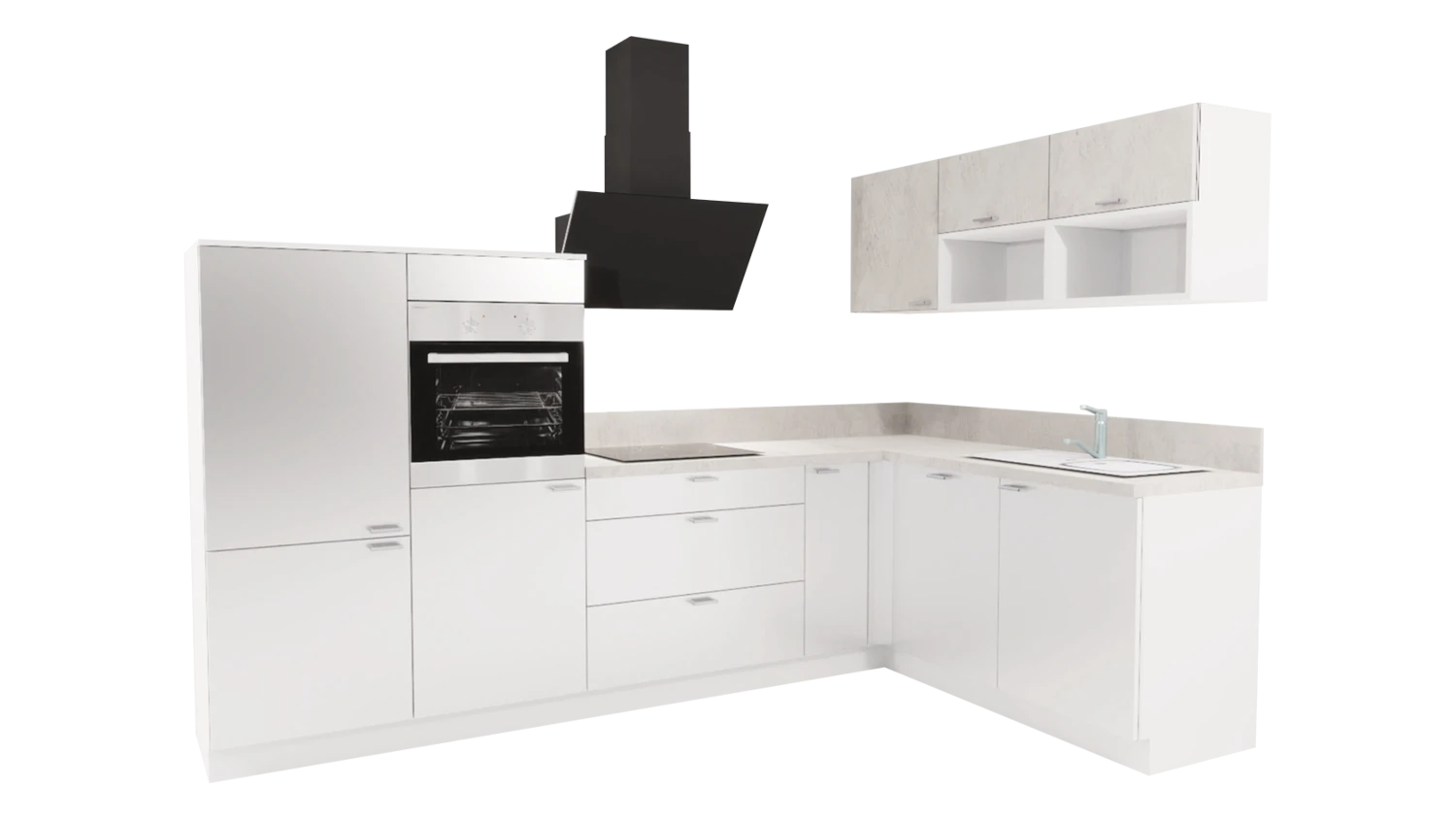 Express L-Küche mit Geräten in Weiß Hochglanz & Beton hell: 305x185 cm, 490 cm, Spüle rechts | Winkelküche "EXK160-6-1-r"