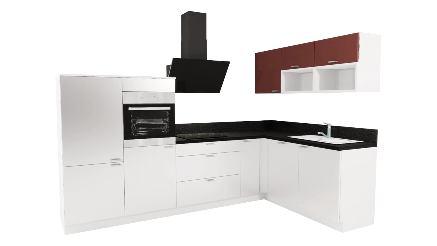 Express L-Küche mit Geräten in Weiß Hochglanz & Karminrot & Schwarz: 305x185 cm, 490 cm, Spüle rechts | Winkelküche "EXK160-10-1-r"
