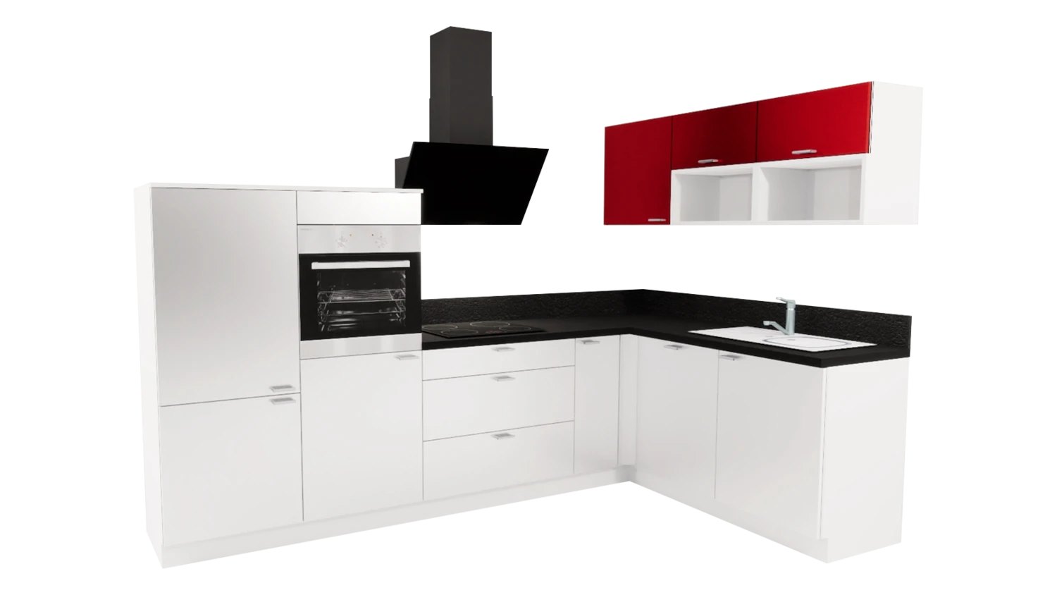 Express L-Küche mit Geräten in Weiß Hochglanz & Marsrot Hochglanz & Schwarz: 305x185 cm, 490 cm, Spüle rechts | Winkelküche "EXK160-8-1-r"