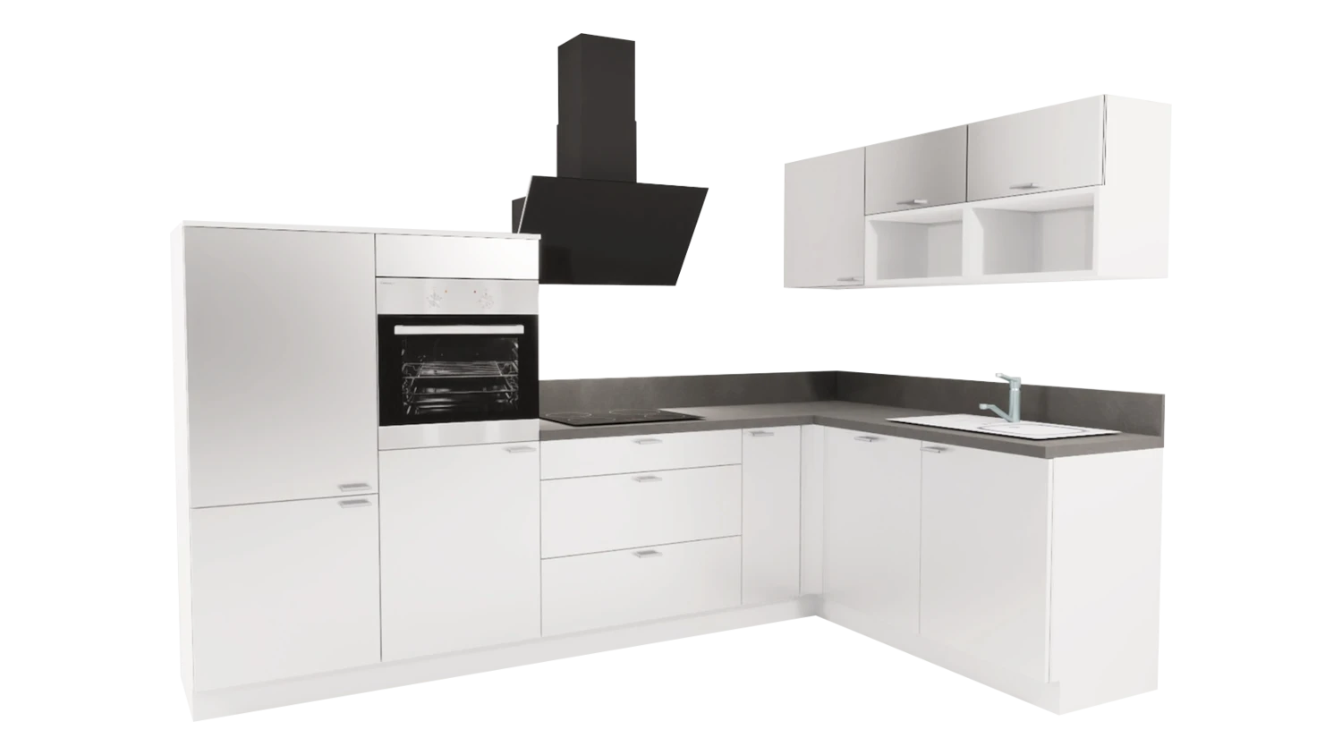 Express L-Küche mit Geräten in Weiß Hochglanz & Stahl dunkel: 305x185 cm, 490 cm, Spüle rechts | Winkelküche "EXK160-12-1-r"