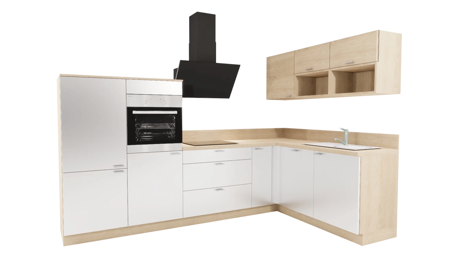 Express L-Küche mit Geräten in Weiß Hochglanz & Wildeiche: 305x185 cm, 490 cm, Spüle rechts | Winkelküche "EXK160-5-1-r"