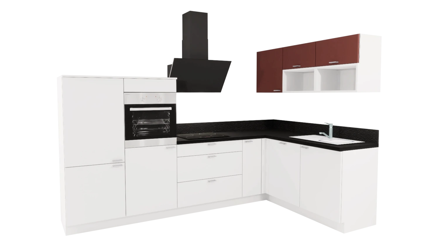 Express L-Küche mit Geräten in Weiß & Karminrot & Schwarz: 305x185 cm, 490 cm, Spüle rechts | Winkelküche "EXK160-9-1-r"