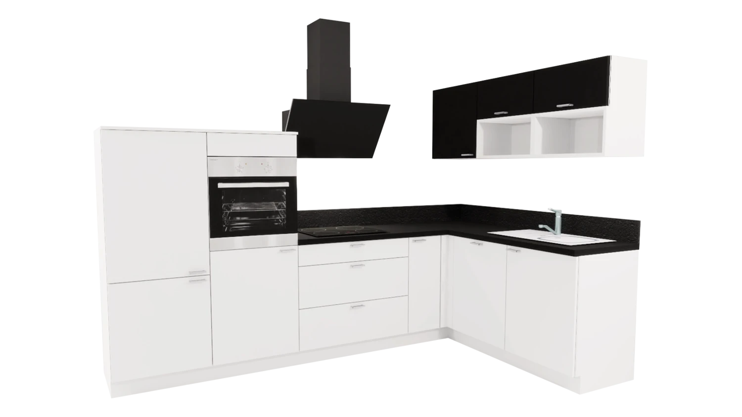 Express L-Küche mit Geräten in Weiß & Schwarz: 305x185 cm, 490 cm, Spüle rechts | Winkelküche "EXK160-4-1-r"