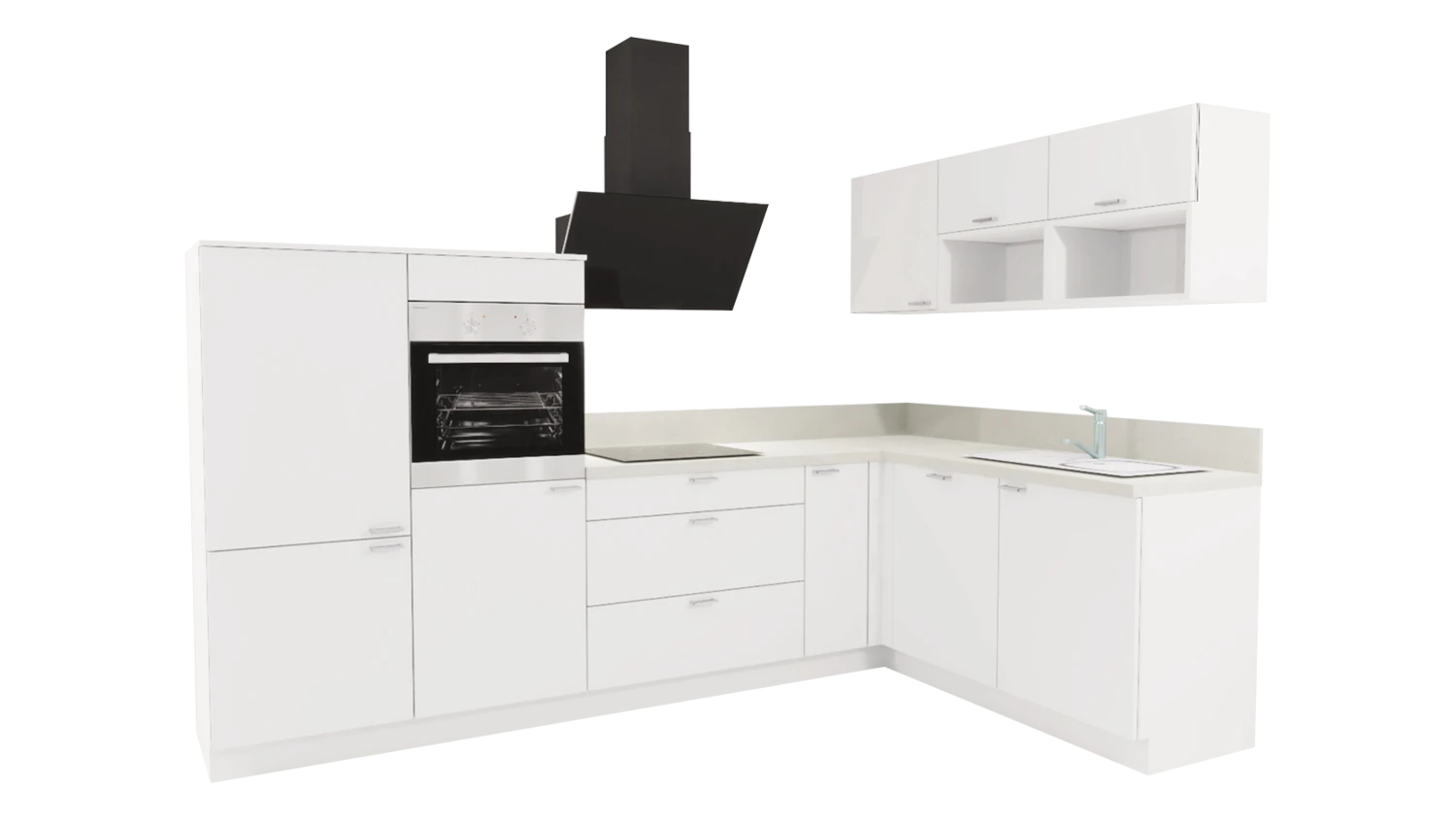 Express L-Küche mit Geräten in Weiß & Zement hell: 305x185 cm, 490 cm, Spüle rechts | Winkelküche "EXK160-7-1-r"
