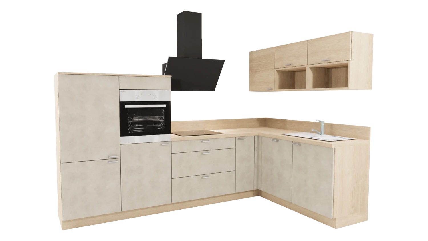 Express L-Küche mit Geräten in Zement & Wildeiche: 305x185 cm, 490 cm, Spüle rechts | Winkelküche "EXK160-3-1-r"