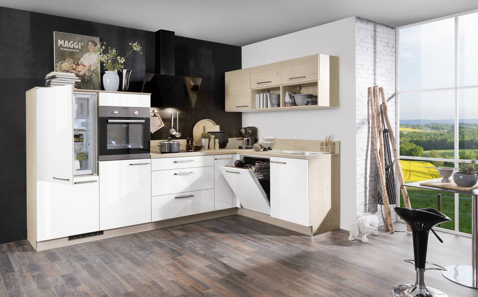 Express L-Küche mit Geräten in Weiß Hochglanz & Wildeiche: 305x185 cm, 490 cm, Spüle rechts | Winkelküche "EXK160-5-1"