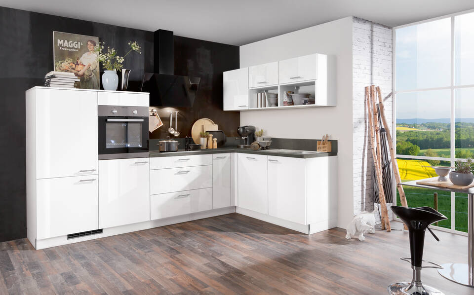 Express L-Küche mit Geräten in Weiß Hochglanz & Stahl dunkel: 305x185 cm, 490 cm, Spüle rechts | Winkelküche "EXK160-12-1-r"