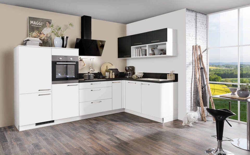 Express L-Küche mit Geräten in Weiß & Schwarz: 305x185 cm, 490 cm, Spüle rechts | Winkelküche "EXK160-4-1"