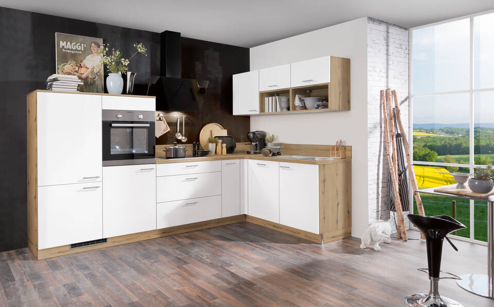 Express L-Küche mit Geräten in Weiß & Eiche astig: 305x185 cm, 490 cm, Spüle rechts | Winkelküche "EXK160-11-1"