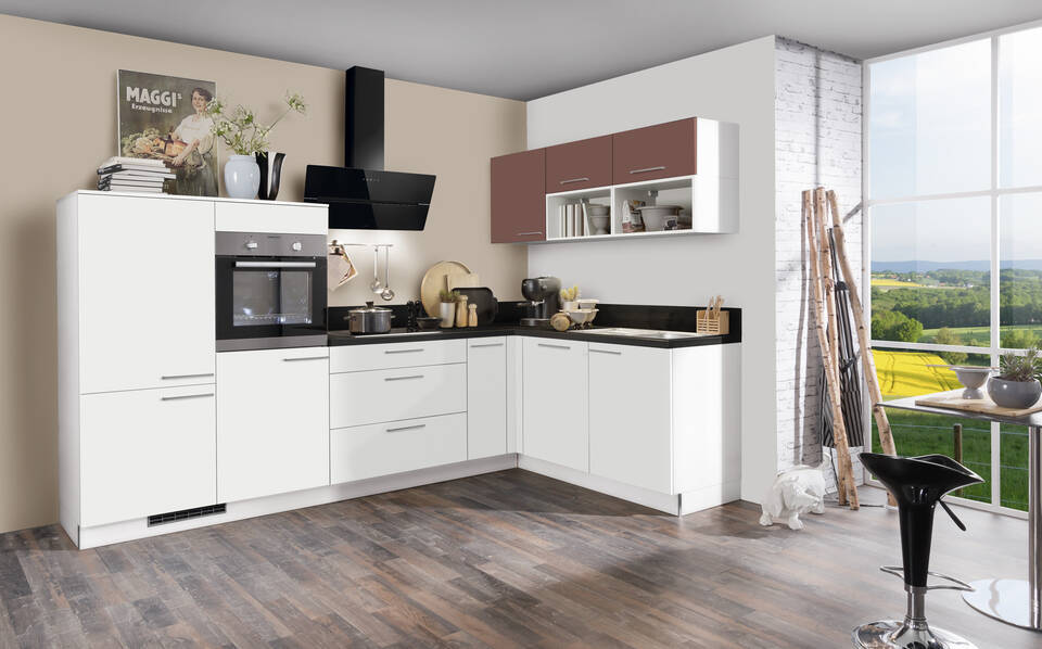 Express L-Küche mit Geräten in Weiß & Karminrot & Schwarz: 305x185 cm, 490 cm, Spüle rechts | Winkelküche "EXK160-9-1"