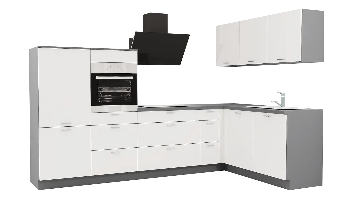 Express L-Küche mit Geräten in Weiß & Anthrazit: 305x185 cm, 490 cm, Spüle rechts | Winkelküche "EXK170-2-1-r"