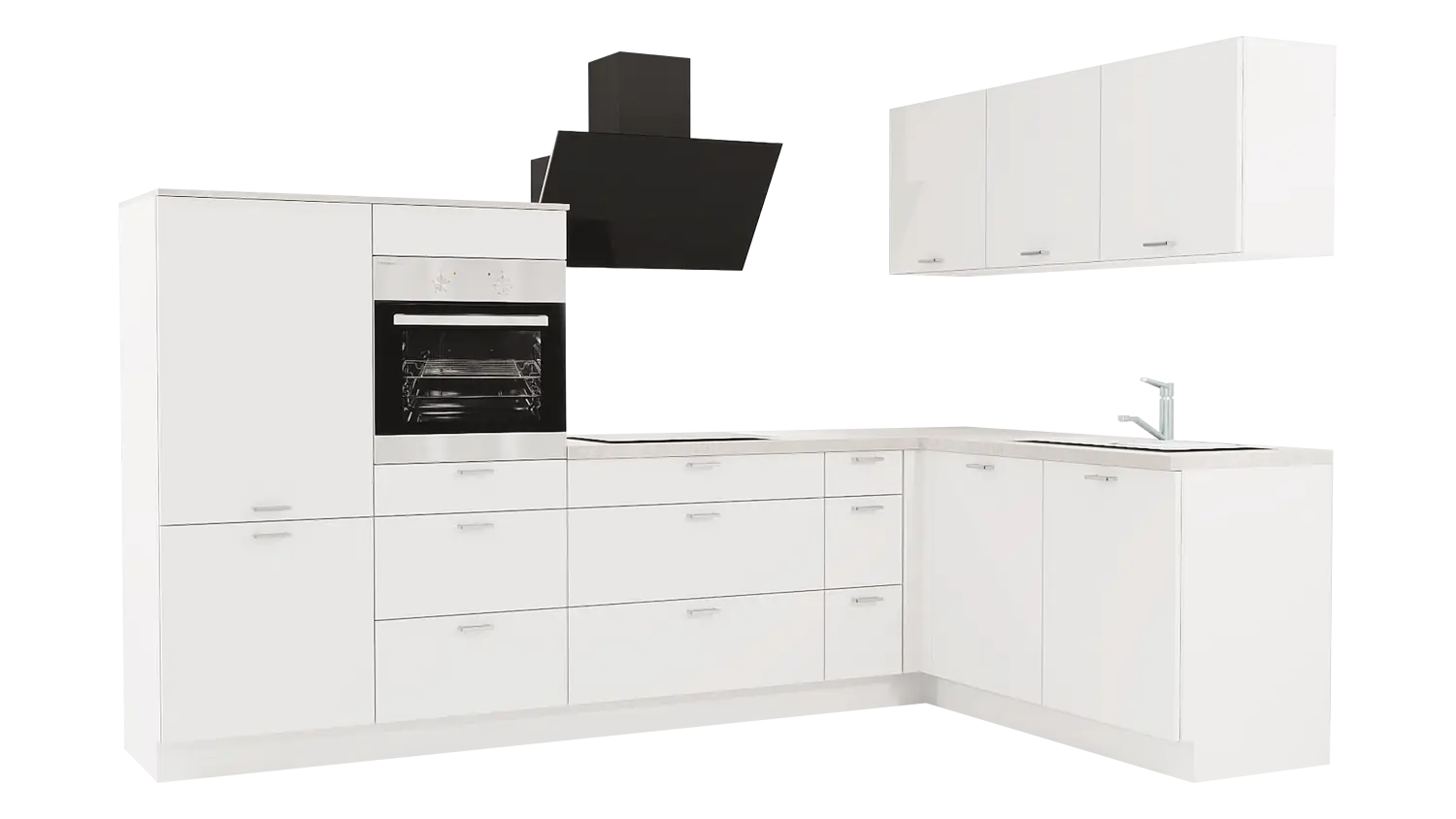 Express L-Küche mit Geräten in Weiß & Beton hell: 305x185 cm, 490 cm, Spüle rechts | Winkelküche "EXK170-1-1-r"