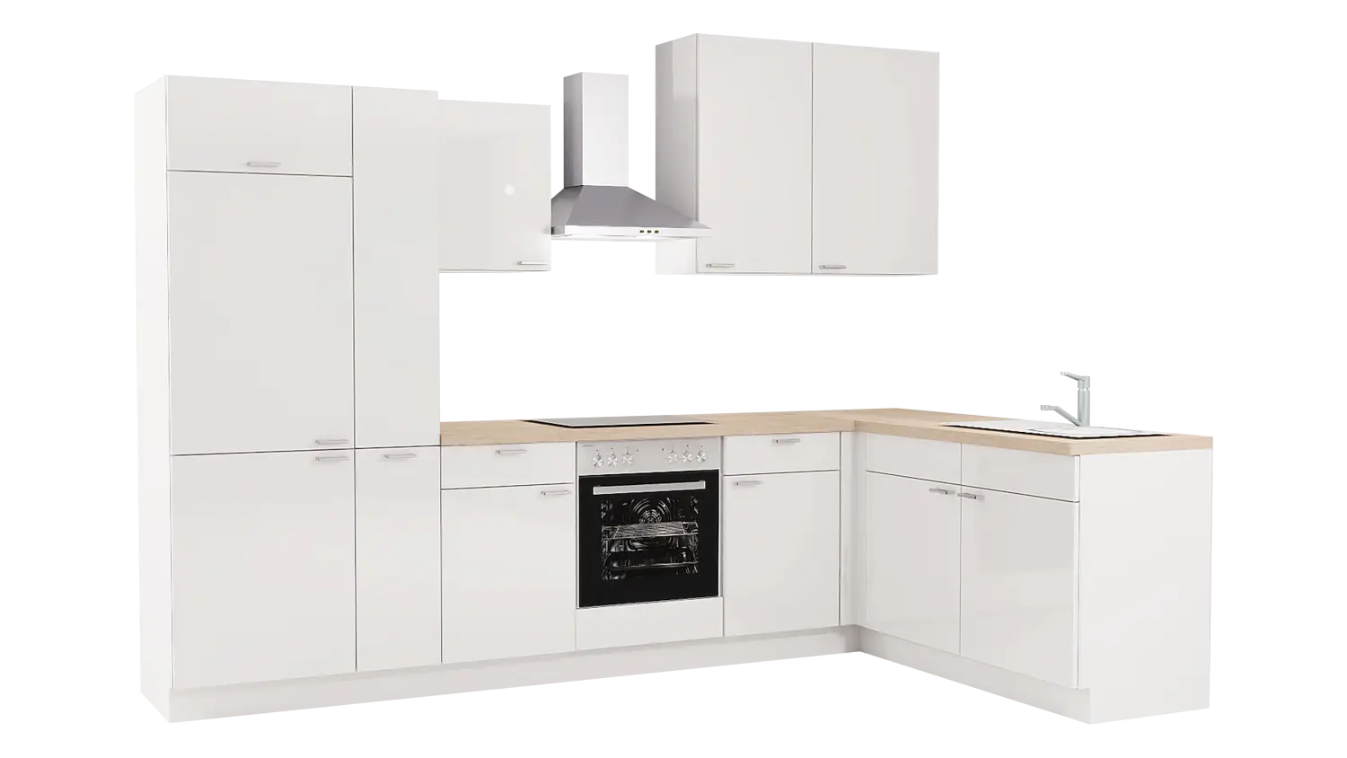 Express L-Küche mit Geräten in Weiß Hochglanz & Bergeiche: 315x185 cm, 500 cm, Spüle rechts | Winkelküche "EXK580-1-1-r"