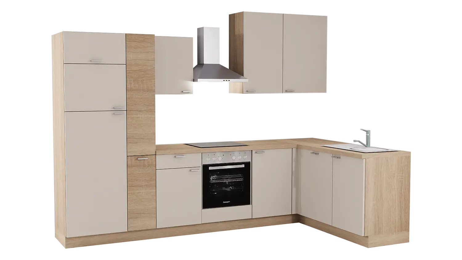 Express L-Küche mit Geräten in Crema & Bergeiche: 315x175 cm, 490 cm, Spüle rechts | Winkelküche "EXK600-1-1-r"