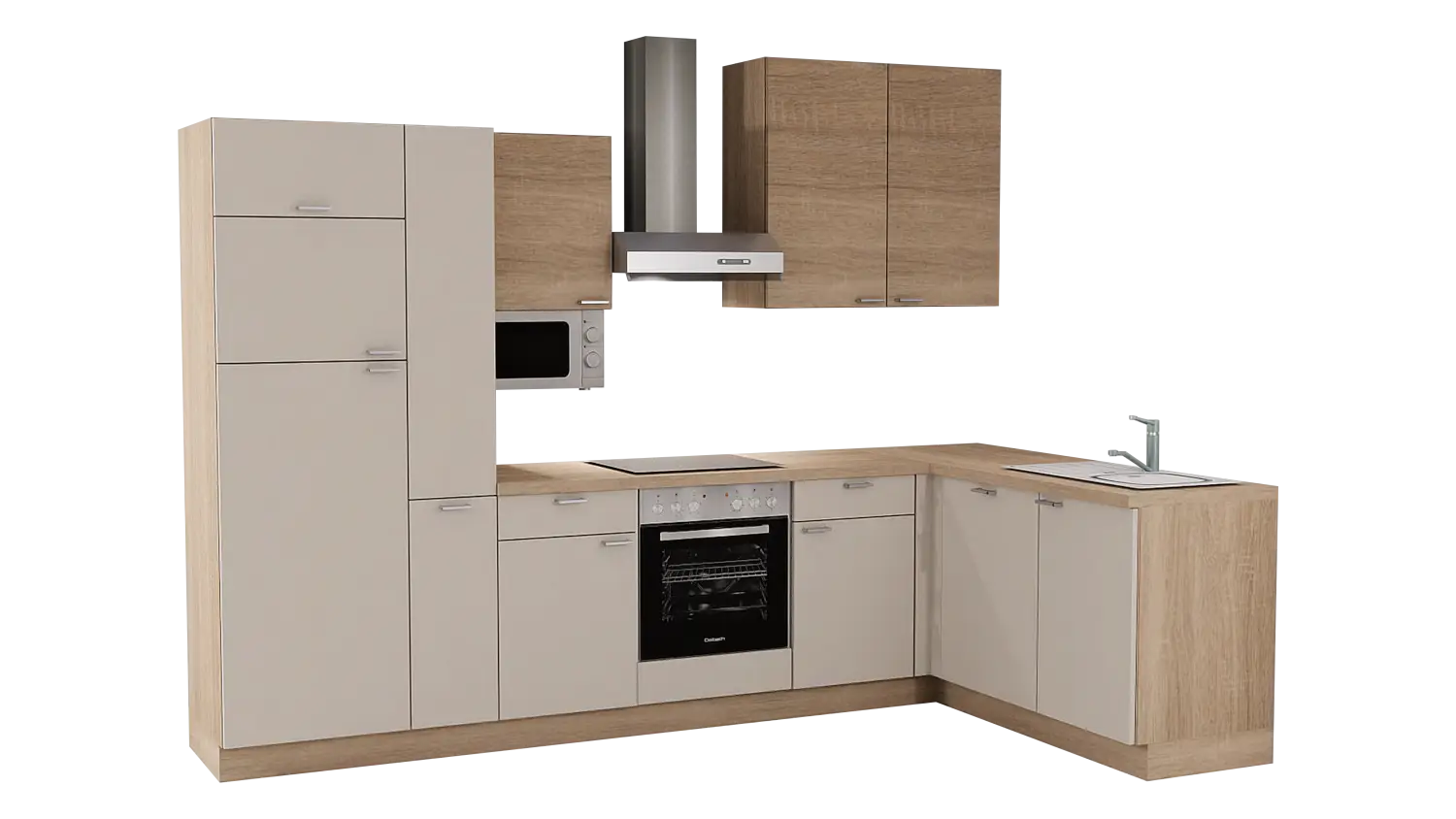 Express L-Küche mit Geräten in Crema & Bergeiche: 315x175 cm, 490 cm, Spüle rechts | Winkelküche "EXK610-1-1-r"