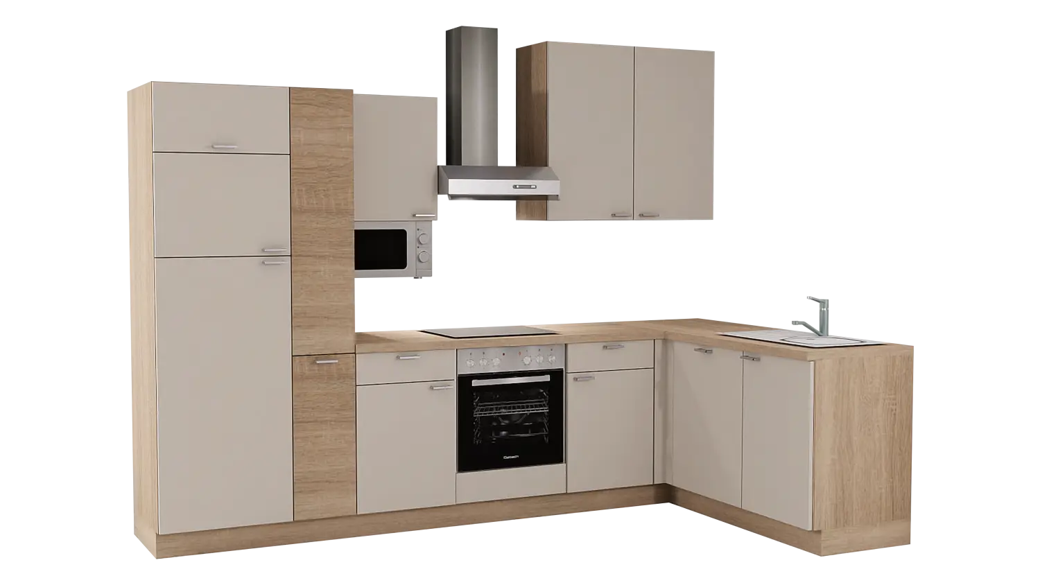 Express L-Küche mit Geräten in Crema & Bergeiche: 315x175 cm, 490 cm, Spüle rechts | Winkelküche "EXK610-2-1-r"