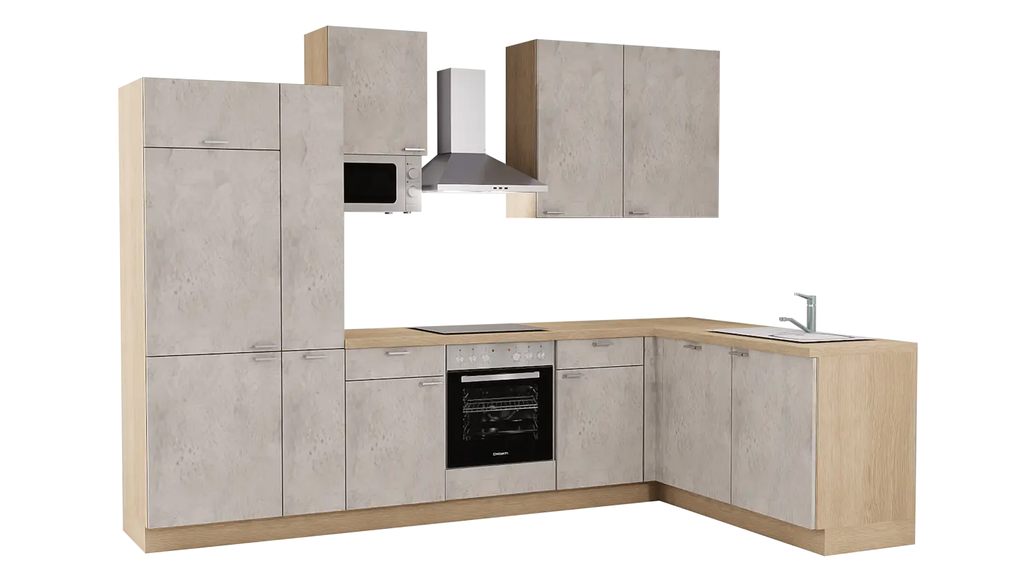 Express L-Küche mit Geräten in Beton hell & Wildeiche: 315x185 cm, 500 cm, Spüle rechts | Winkelküche "EXK620-1-1-r"