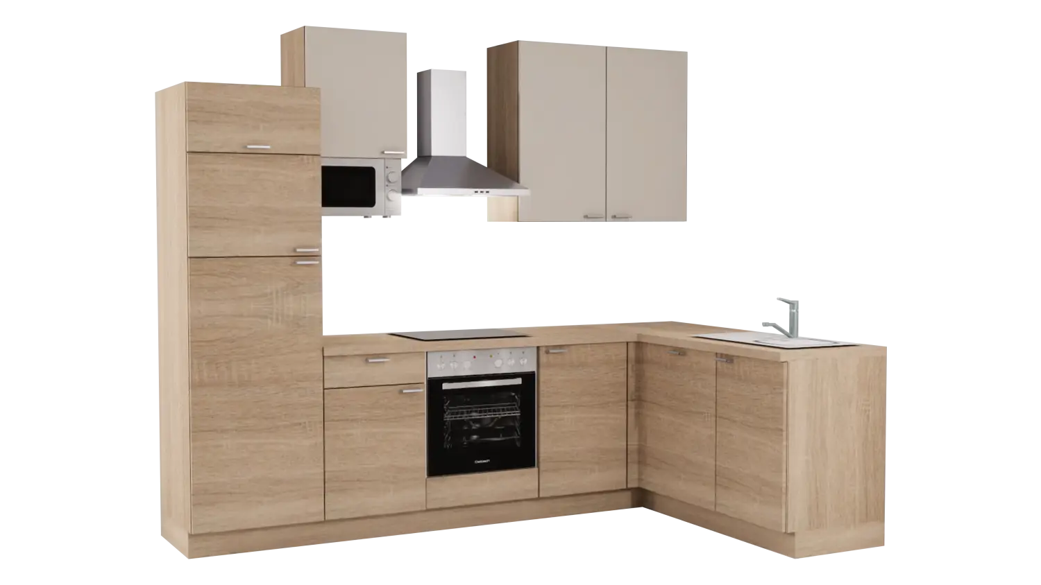 Express L-Küche mit Geräten in Bergeiche & Crema: 285x175 cm, 460 cm, Spüle rechts | Winkelküche "EXK630-1-1-r"
