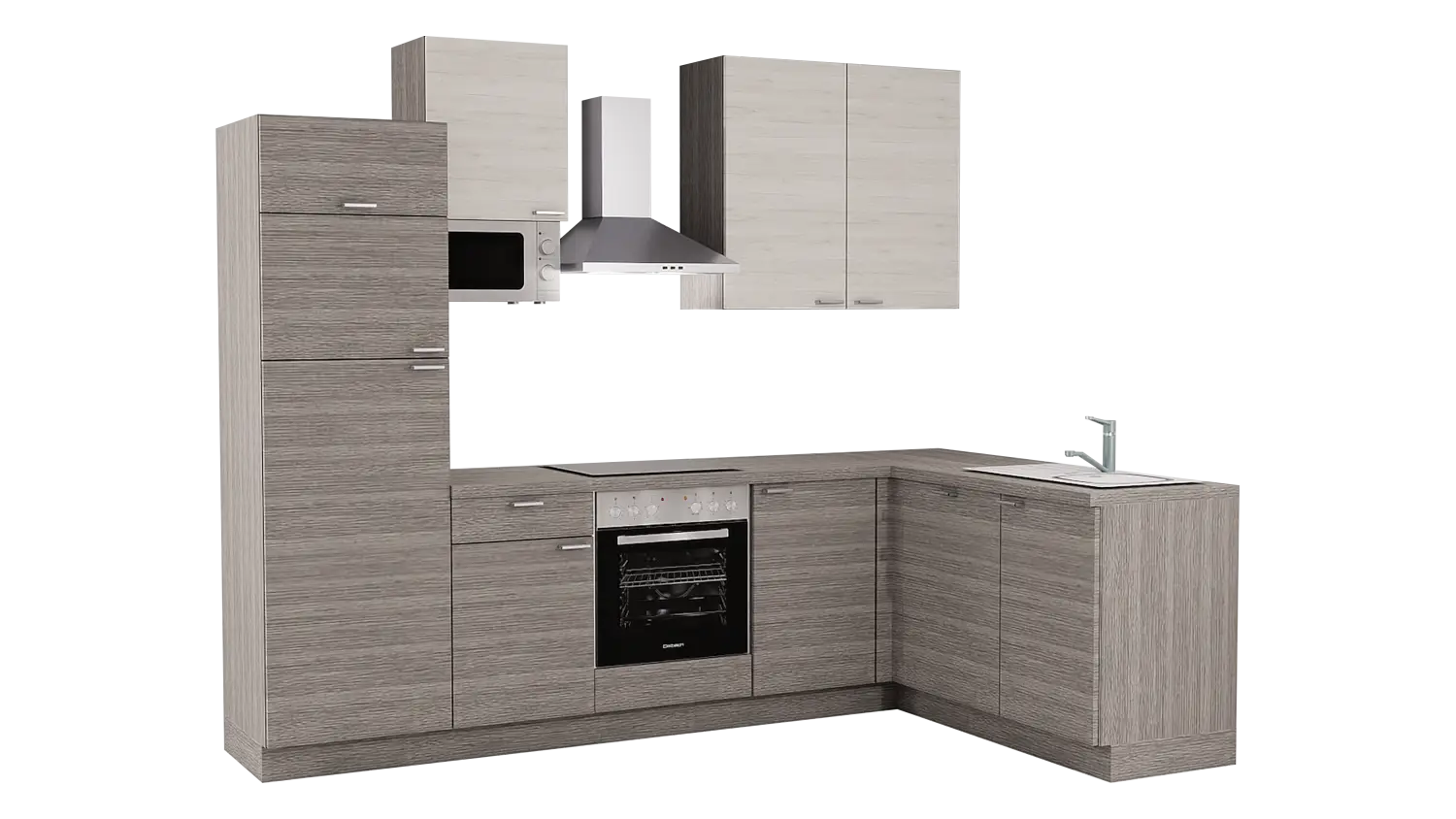 Express L-Küche mit Geräten in Eiche grau & Eiche weiß: 285x175 cm, 460 cm, Spüle rechts | Winkelküche "EXK630-2-1-r"