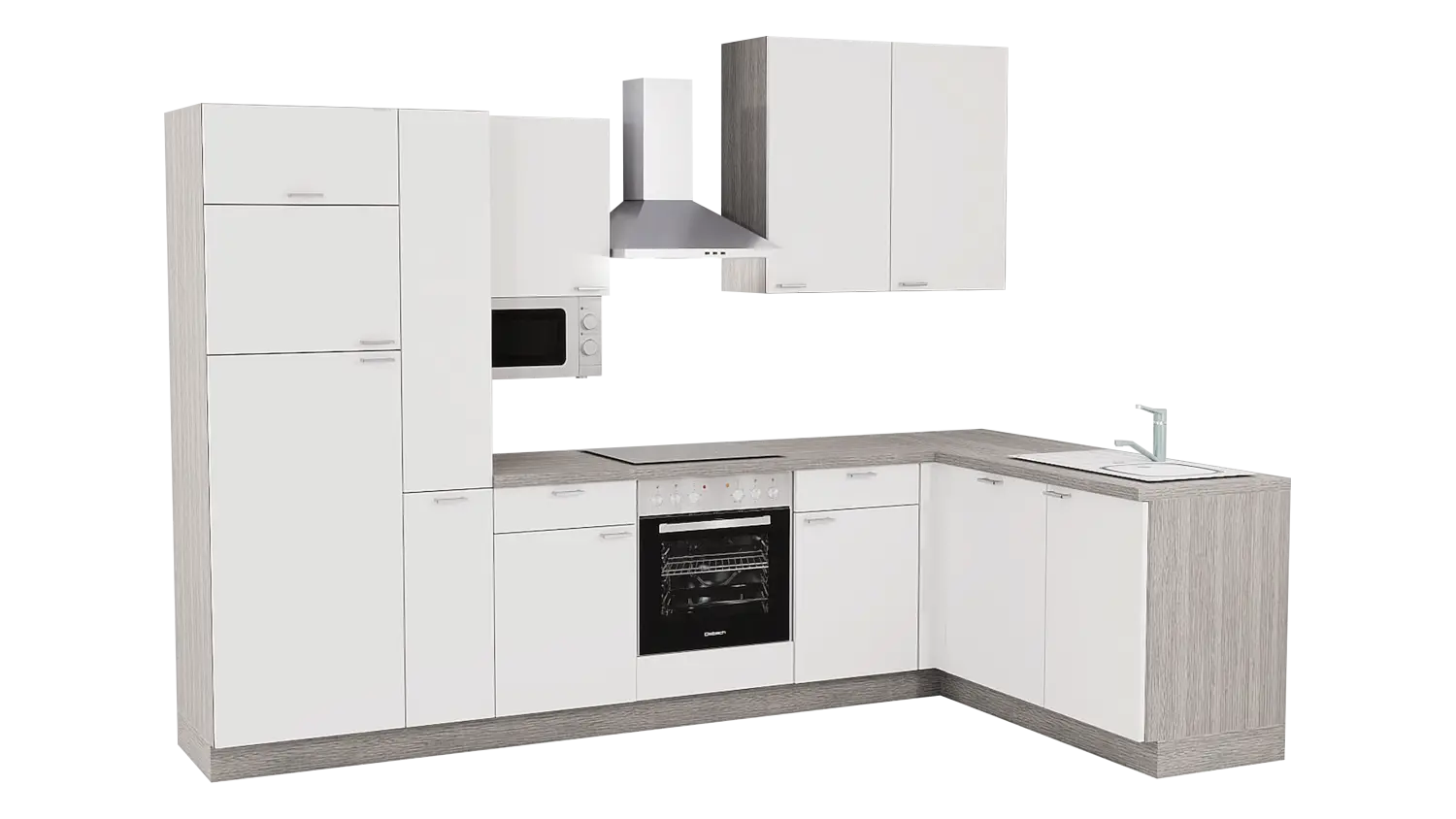 Express L-Küche mit Geräten in Weiß & Eiche grau: 315x175 cm, 490 cm, Spüle rechts | Winkelküche "EXK650-1-1-r"