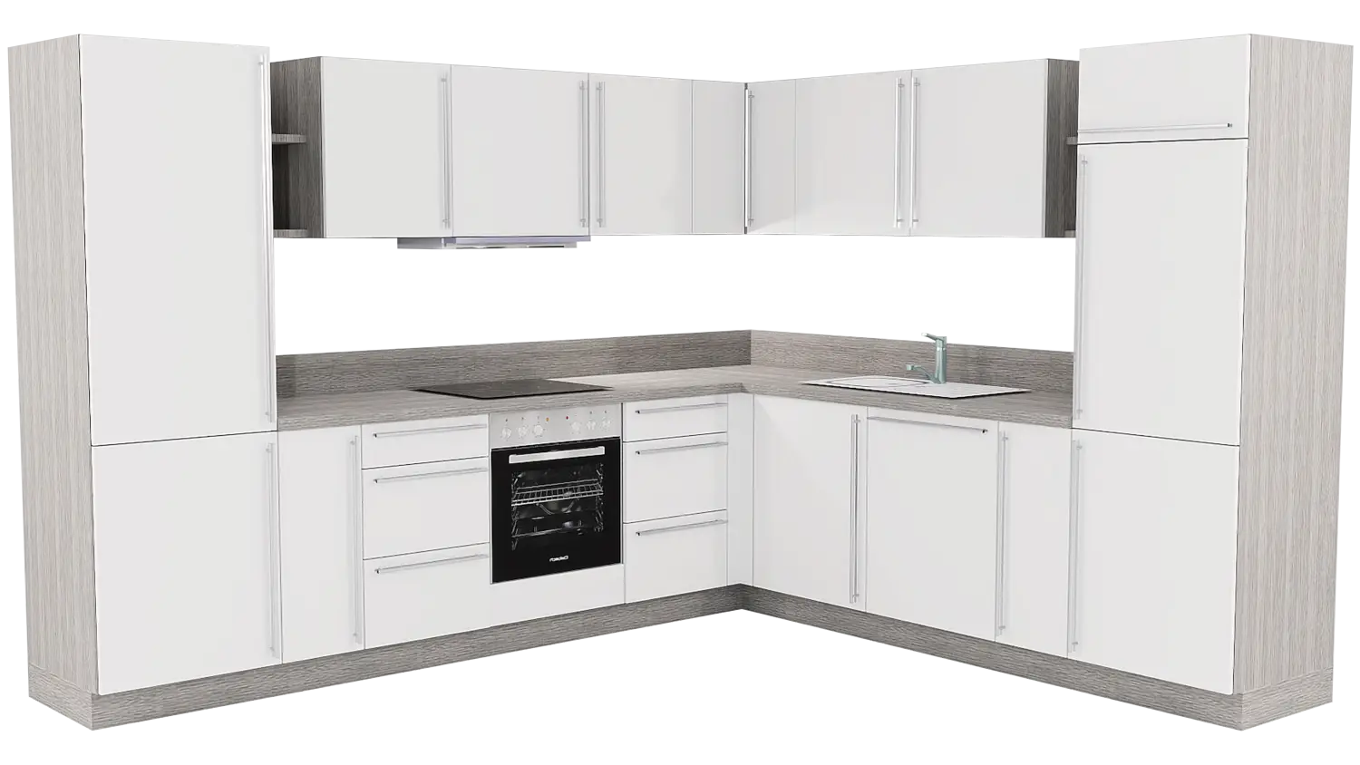 Express L-Küche mit Geräten in Weiß & Eiche grau: 275x315 cm, 590 cm, Spüle rechts | Winkelküche "EXK190-1-1-r"