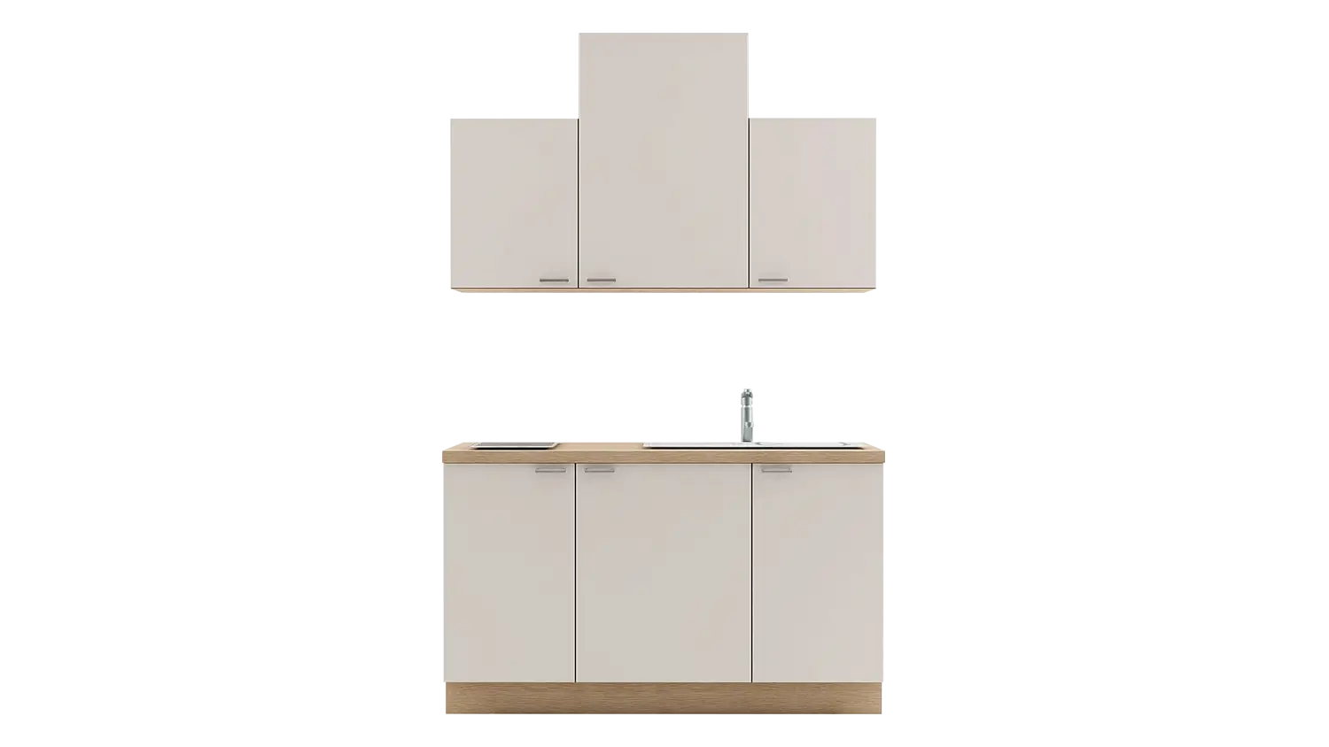 Express Küchenzeile mit Geräten in Magnolia & Wildeiche: 150 cm, Spüle rechts | Miniküche "EXK220-1-1-r"