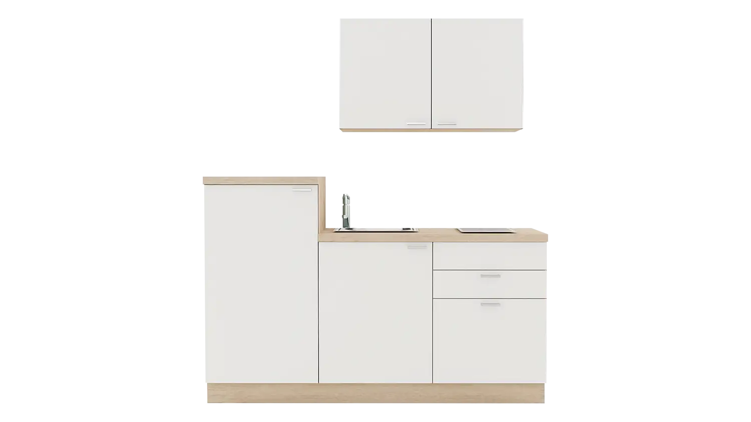 Express Küchenzeile mit Geräten in Weiß & Bergeiche: 180 cm, Spüle rechts | Miniküche "EXK230-2-1-r"