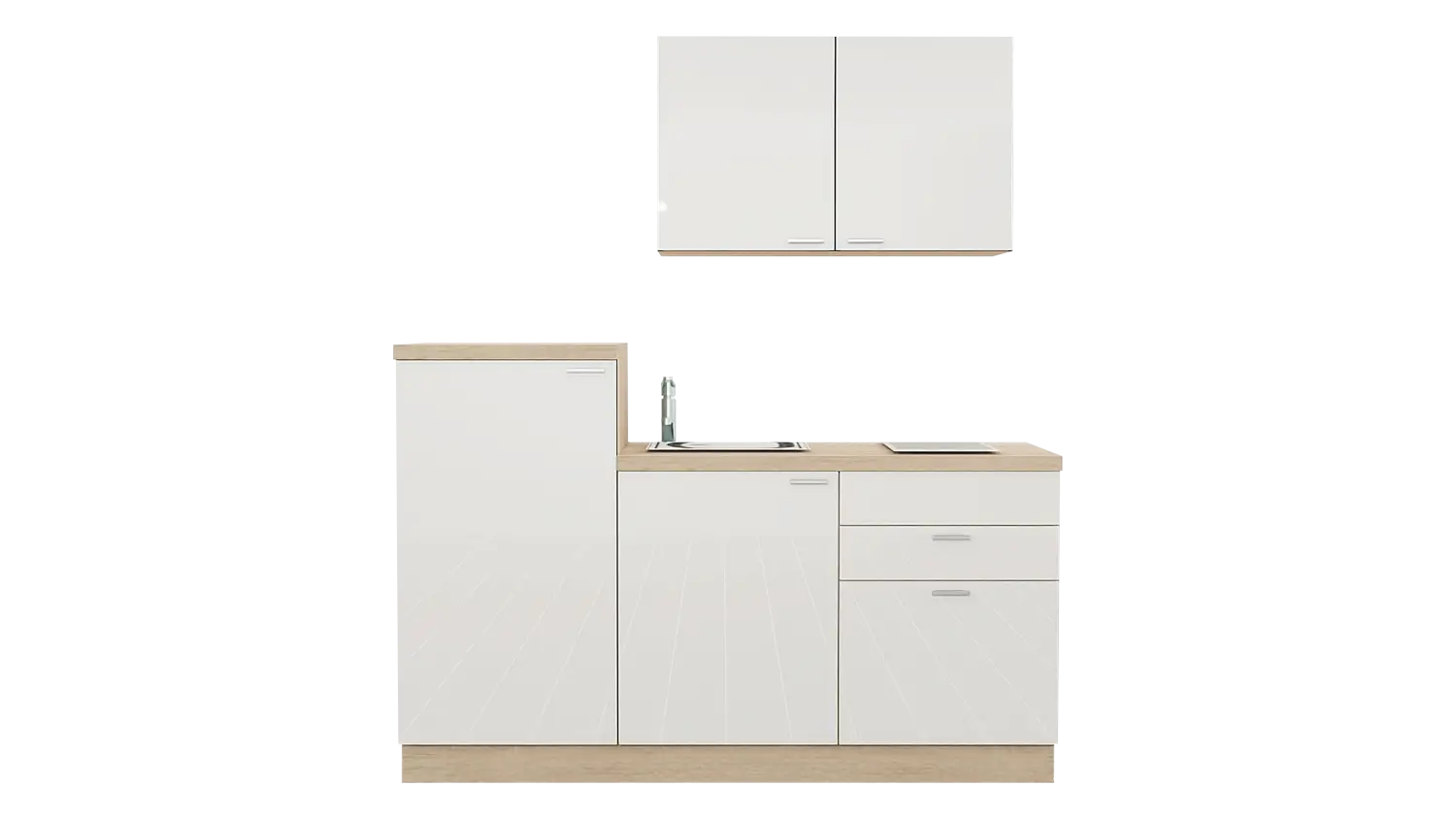 Express Küchenzeile mit Geräten in Weiß Hochglanz & Bergeiche: 180 cm, Spüle rechts | Miniküche "EXK230-3-1-r"