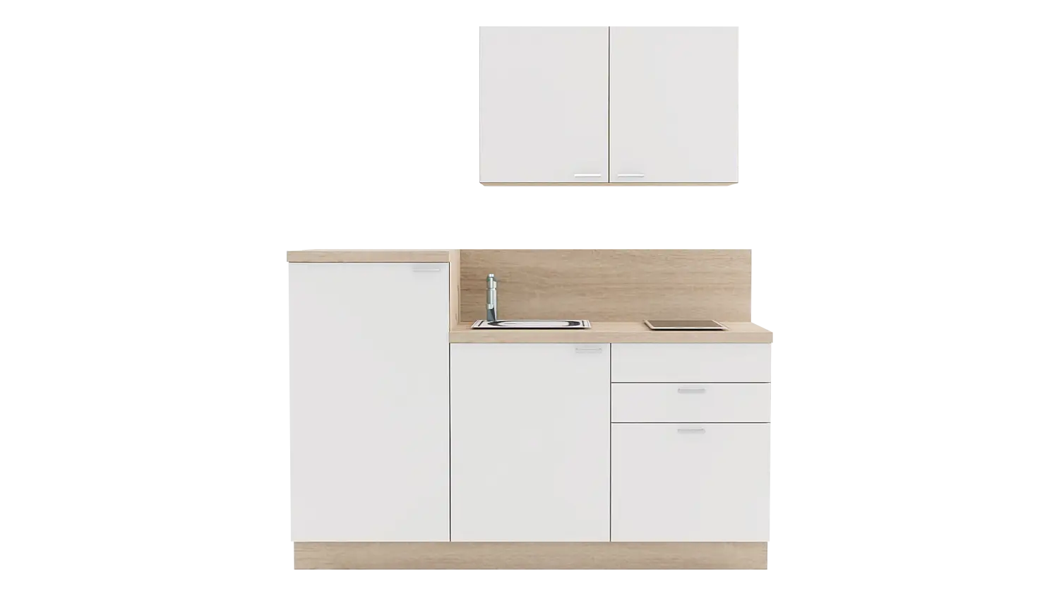 Express Küchenzeile mit Geräten in Weiß & Bergeiche: 180 cm, Spüle rechts | Miniküche "EXK240-1-1-r"
