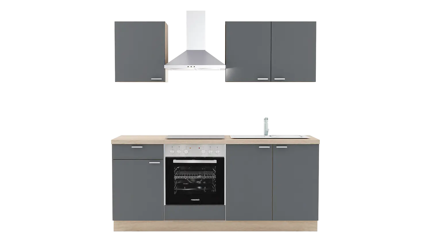 Express Küchenzeile mit Geräten in Anthrazit & Bergeiche: 200 cm, Spüle rechts | Miniküche "EXK250-1-1-r"