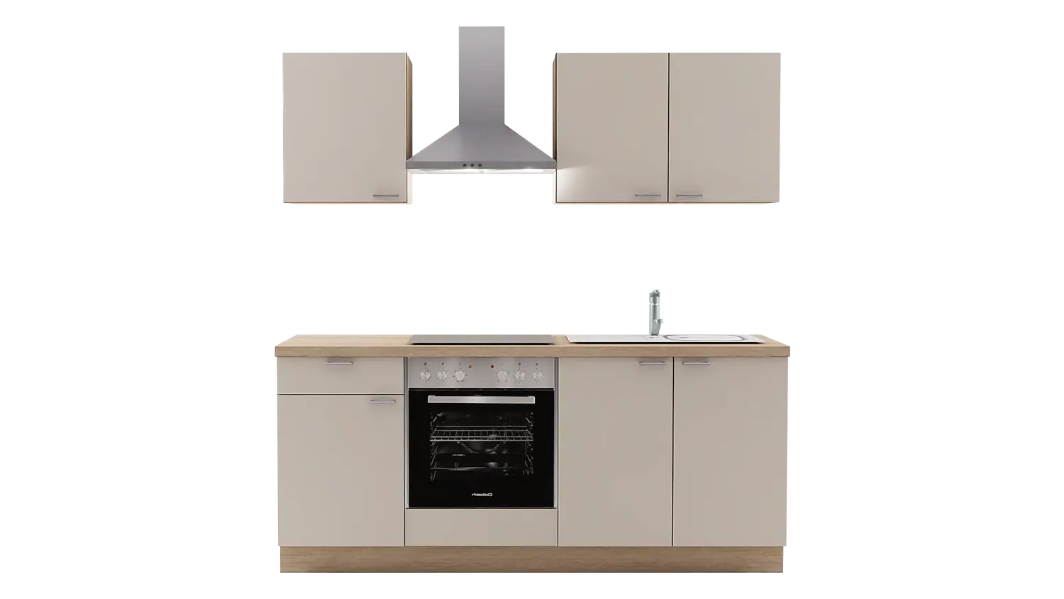 Express Küchenzeile mit Geräten in Crema & Bergeiche: 200 cm, Spüle rechts | Miniküche "EXK250-3-1-r"