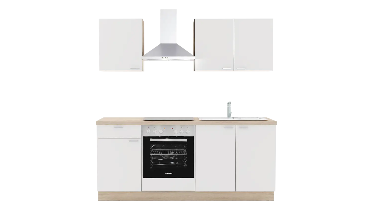 Express Küchenzeile mit Geräten in Weiß & Bergeiche: 200 cm, Spüle rechts | Miniküche "EXK250-7-1-r"