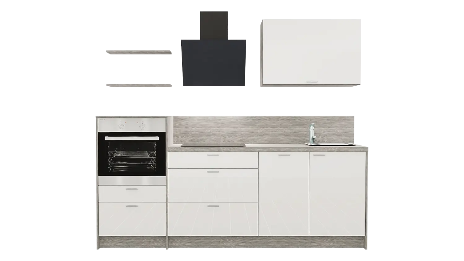 Express Küchenzeile mit Geräten in Weiß Hochglanz & Eiche grau: 240 cm, Spüle rechts | Singleküche "EXK260-1-1-r"