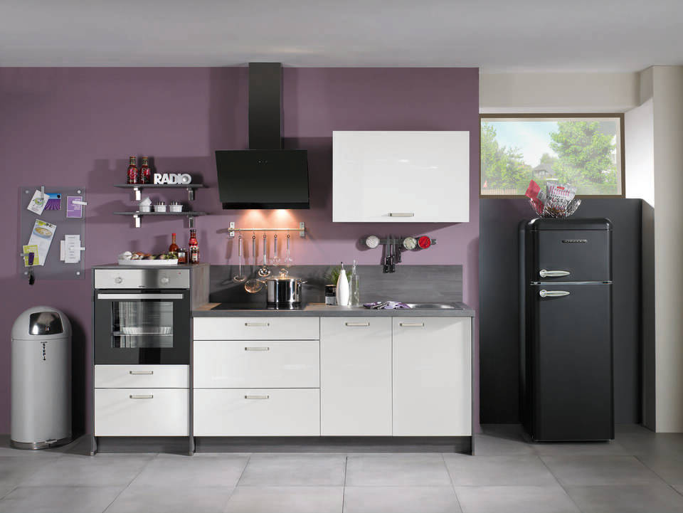 Express Küchenzeile mit Geräten in Weiß Hochglanz & Eiche grau: 240 cm, Spüle rechts | Singleküche "EXK260-1-1"