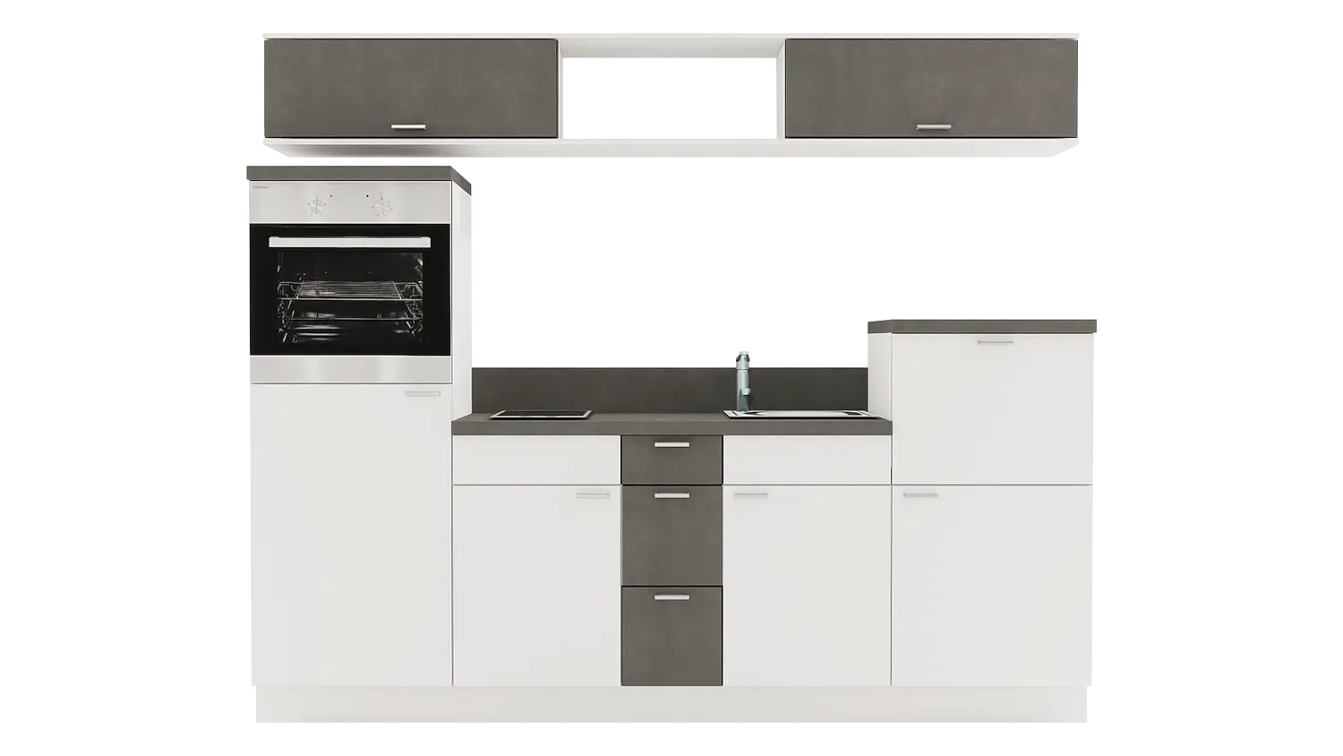 Express Küchenzeile mit Geräten in Weiß & Stahl dunkel: 250 cm, Spüle rechts | Singleküche "EXK270-3-1-r" / Bild 1