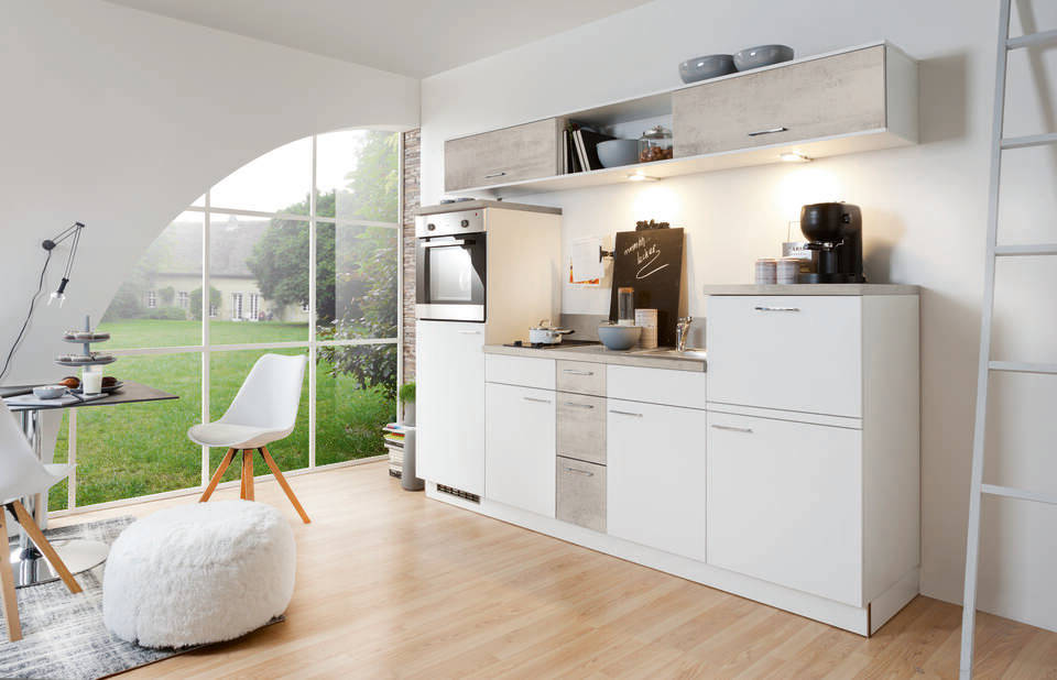 Express Küchenzeile mit Geräten in Weiß & Beton hell: 250 cm, Spüle rechts | Singleküche "EXK270-1-1"