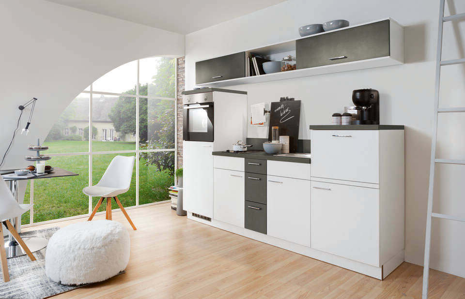 Express Küchenzeile mit Geräten in Weiß & Stahl dunkel: 250 cm, Spüle rechts | Singleküche "EXK270-3-1-r"
