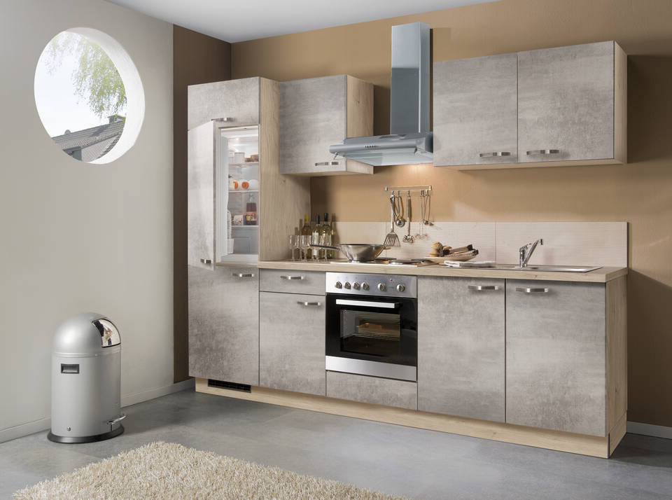 Express Küchenzeile mit Geräten in Beton hell & Wildeiche: 270 cm, Spüle rechts | Singleküche "EXK280-13-1-r"
