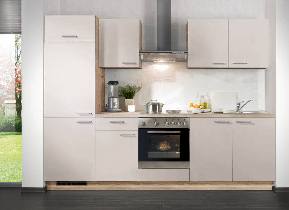 Express Küchenzeile mit Geräten in Crema & Bergeiche: 270 cm, Spüle rechts | Singleküche "EXK280-8-1-r"