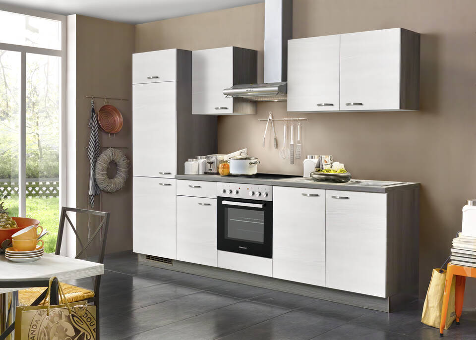 Express Küchenzeile mit Geräten in Eiche weiß & Eiche grau: 270 cm, Spüle rechts | Singleküche "EXK280-33-1-r"