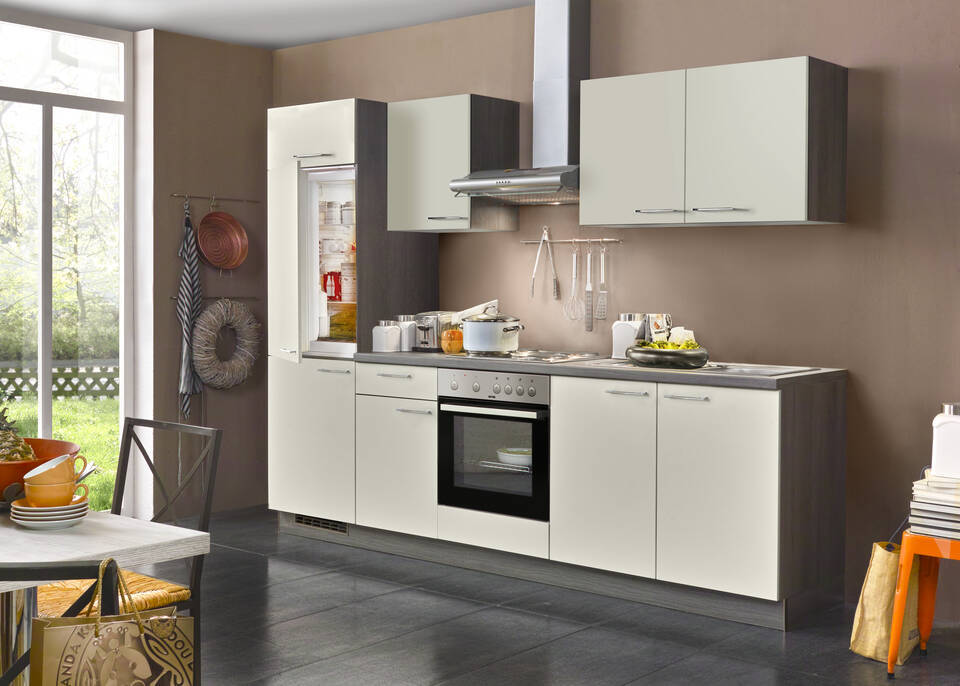 Express Küchenzeile mit Geräten in Hellgrau & Eiche grau: 270 cm, Spüle rechts | Singleküche "EXK280-12-1-r"