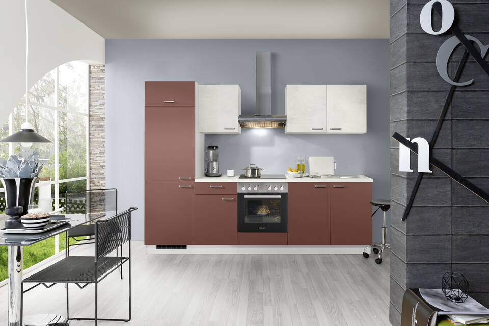 Express Küchenzeile mit Geräten in Karminrot & Beton steinweiß: 270 cm, Spüle rechts | Singleküche "EXK280-32-1-r"