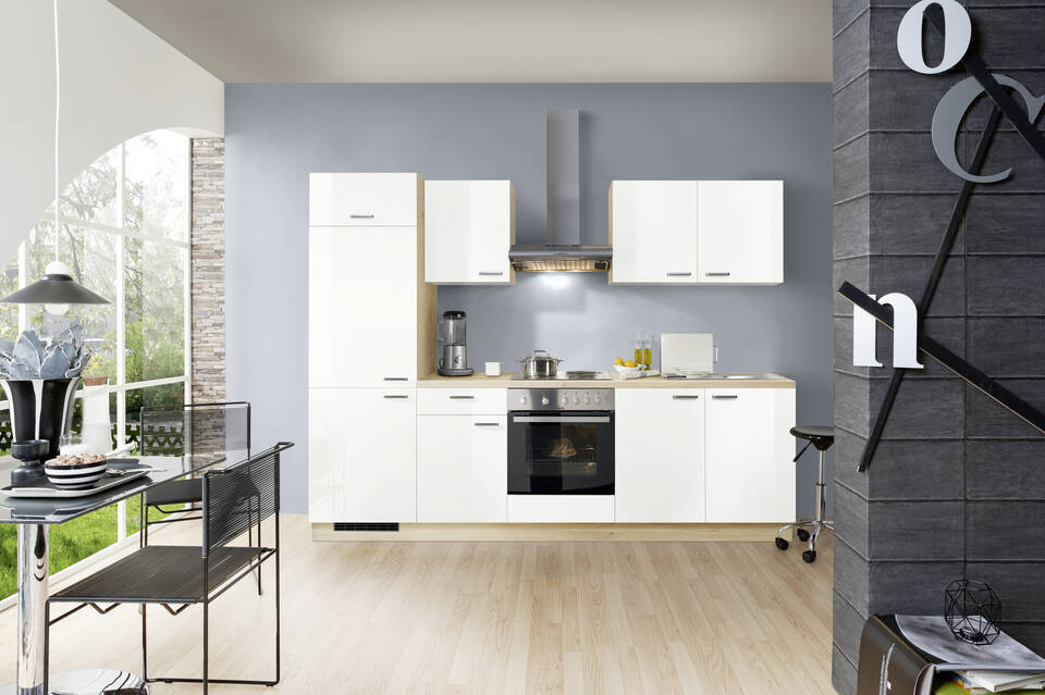 Express Küchenzeile mit Geräten in Weiß Hochglanz & Wildeiche: 270 cm, Spüle rechts | Singleküche "EXK280-23-1-r"