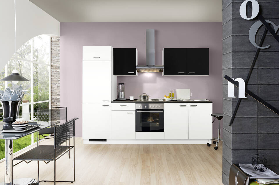 Express Küchenzeile mit Geräten in Weiß & Schwarz: 270 cm, Spüle rechts | Singleküche "EXK280-22-1"