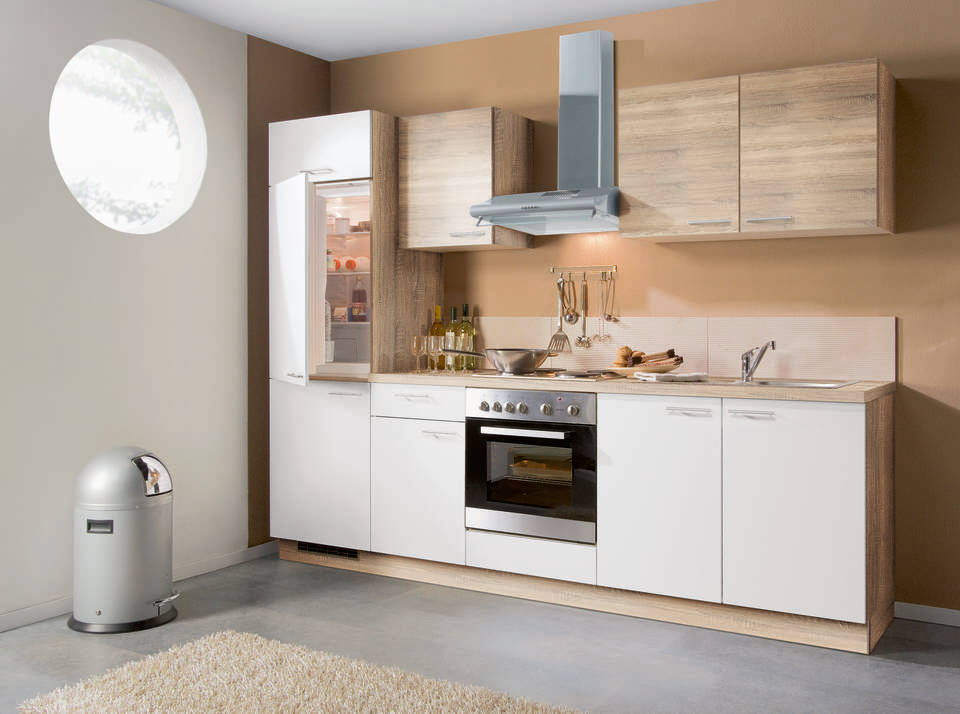 Express Küchenzeile mit Geräten in Weiß & Bergeiche: 270 cm, Spüle rechts | Singleküche "EXK280-16-1-r"