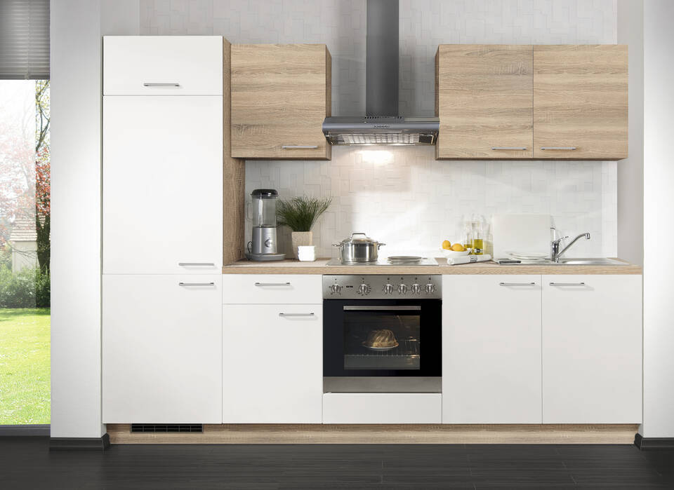 Express Küchenzeile mit Geräten in Weiß & Bergeiche: 270 cm, Spüle rechts | Singleküche "EXK280-16-1-r" / Bild 2