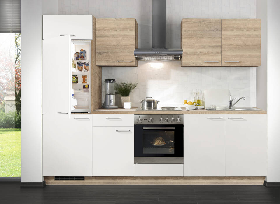 Express Küchenzeile mit Geräten in Weiß & Bergeiche: 270 cm, Spüle rechts | Singleküche "EXK280-16-1-r" / Bild 3